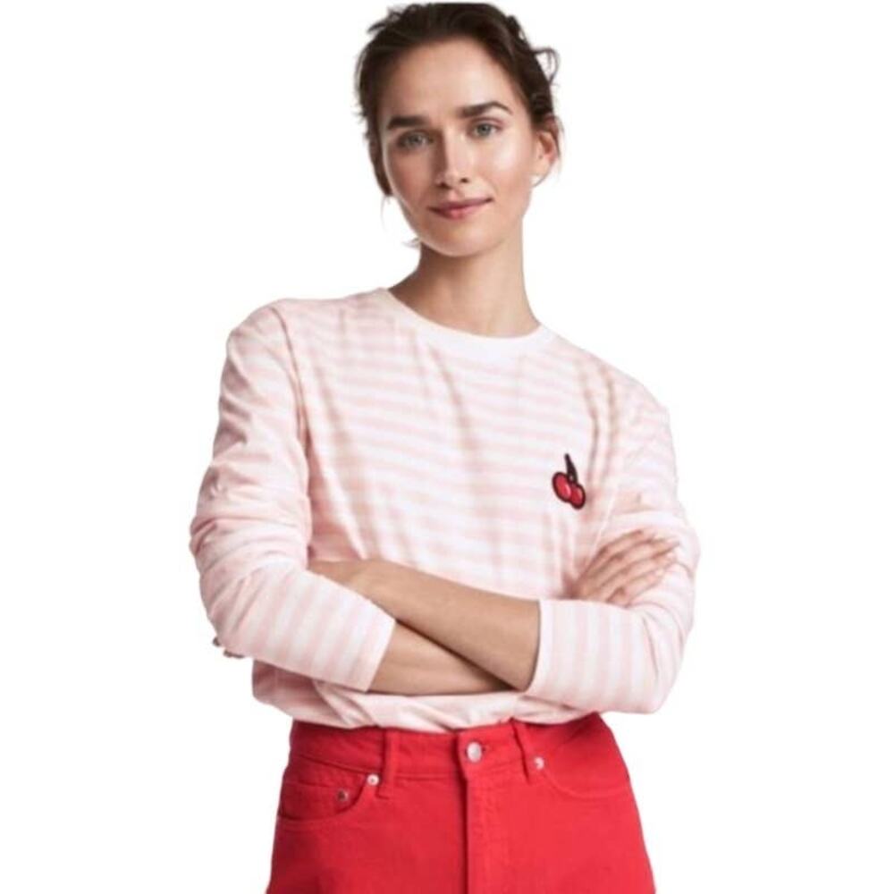 H&M Pink & White Striped Long Sleeve T-Shirt Cherry Applique Y2K Top L
